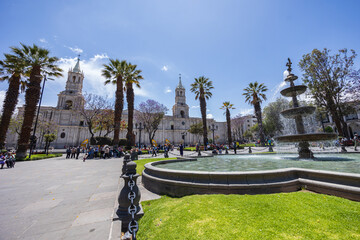 Photographs and postcards of the Plaza de Armas in Arequipa, the White City of Peru, a vacation destination with stunning views of volcanoes and the Andean snow-capped peaks