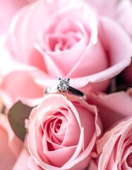 Solitaire diamond ring resting on pink roses