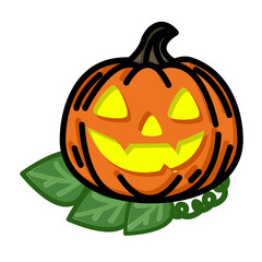 Close-Up Single Smiling Pumpkin With Leaf