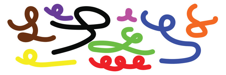 Abstract colorful doodles and scribbles in various shapes and sizes, isolated on transparent background