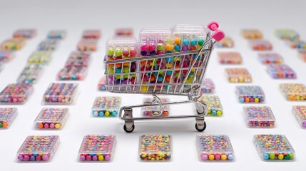 Miniature shopping cart filled with colorful candies, positioned center, surrounded by various plastic containers holding rows of similar sweets, creating a visually appealing composition on a...