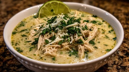 Creamy, flavorful soup with shredded poultry, fresh herbs, and a lime wedge in a white bowl, showcasing delicious, comfort food presented in a  shot.