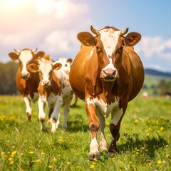 Three cows grazing in a field on a sunny day