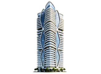Modern twisted skyscraper building isolated on transparent background