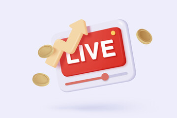 3d social media with live streaming icon signs and emotion on browser. Social media online playing video for make money passive income concept. 3d live entertainment icon vector render illustration