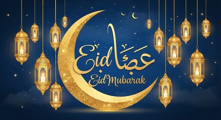 Golden crescent moon and lanterns with arabic calligraphy for eid al adha