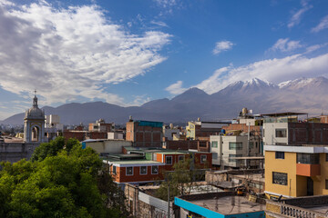 Photographs and postcards of the Plaza de Armas in Arequipa, the White City of Peru, a vacation destination with stunning views of volcanoes and the Andean snow-capped peaks