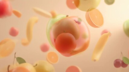 Dynamic scene of various colorful fruits, including crisp green and red apples, floating against a soft background - Powered by Adobe