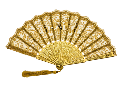 Ornate golden fan with red tassel isolated on transparent background