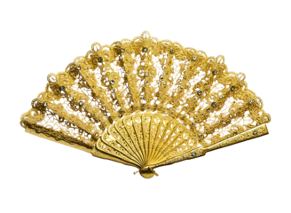 Ornate golden fan with red tassel isolated on transparent background