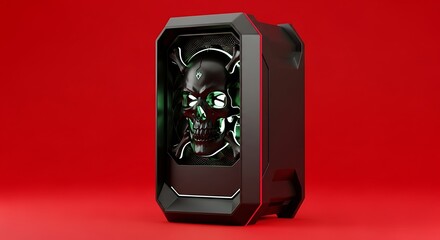 Gaming pc case with skull and crossbones design illuminated with green lights on a red background studio shot