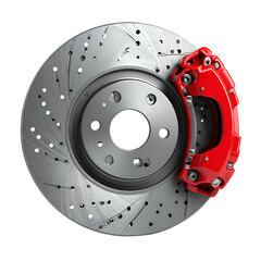 High-angle  shot of a disc brake assembly featuring a drilled rotor with a red caliper, prominently displayed against a stark black backdrop, highlighting the engineering details and metallic...