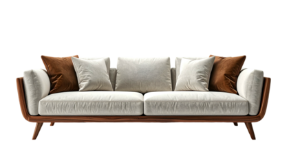 Comfortable and modern sofa with wooden frame and soft cream-colored cushions, complemented by decorative brown pillows, sitting on a simple black background, showcasing an inviting and stylish...
