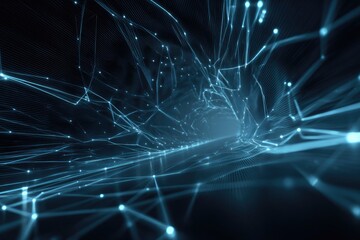 Abstract 3D rendering showcases a network of interconnected lines and glowing spheres within a tunnel-like space