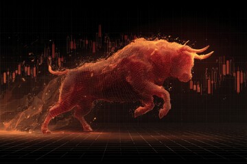 Digitized, fiery bull bursting forward, set against market data and grid lines, radiating power