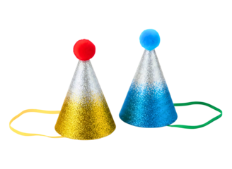 Two colorful party hats with pom poms isolated on transparent background