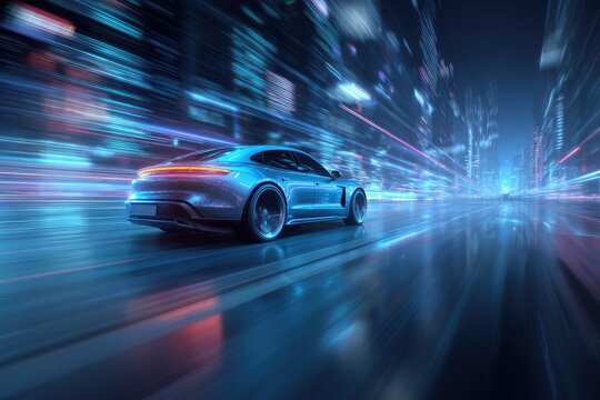 Silver sports car speeds down a futuristic city street, with light streaks blurring - Powered by Adobe