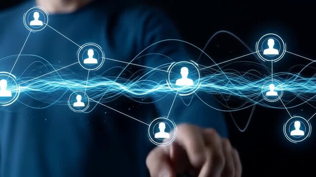 Person's hand interacting with a glowing digital network of user icons, symbolizing global connection and communication