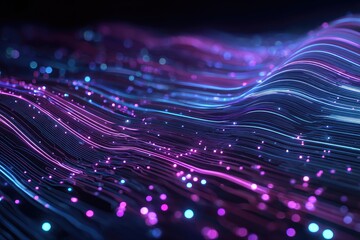 Obraz premium Abstract wavy lines with glowing dots in shades of blue and purple create a futuristic design