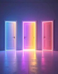 Three doors with vibrant neon lights