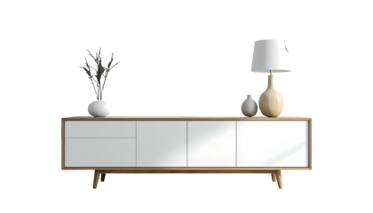 A modern wooden cabinet features a minimalist design with white doors and a natural wood frame, complimented by elegant vases and a table lamp, all set against a stark black background, creating a...