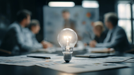 Bright idea light bulb on business table during creative meeting inspiring teamwork and innovation