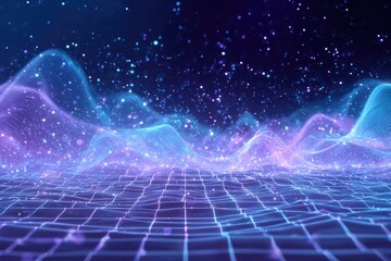 Abstract digital art showing glowing, undulating waves against a dark, star-filled background