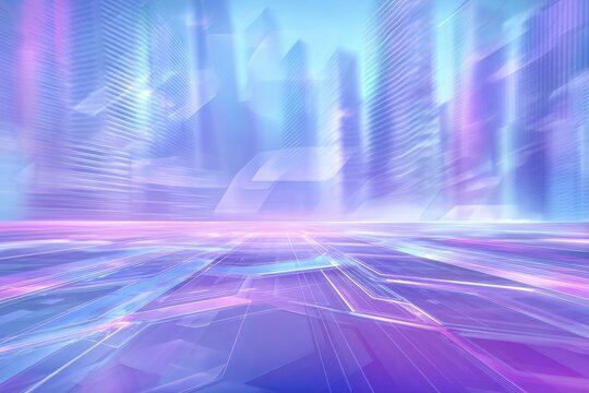 Digital cityscape with a holographic floor, futuristic aesthetic, and abstract geometric shapes