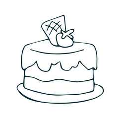 Minimal line art drawing of cake with strawberry topping and waffle decoration