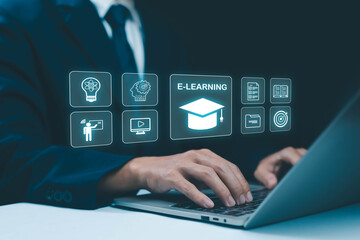 Businessman using laptop with virtual e-learning icons, online education concept, digital training, remote learning, and technology innovation for modern study, knowledge, and professional development