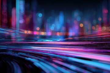Abstract cityscape, long exposure, blurred streaks of vibrant colors, lights and bokeh effect