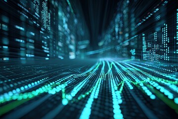 Abstract digital illustration depicting data streams and city-like structures in shades of blue and green