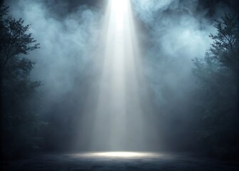 Mysterious bright beam of light illuminates foggy forest at night