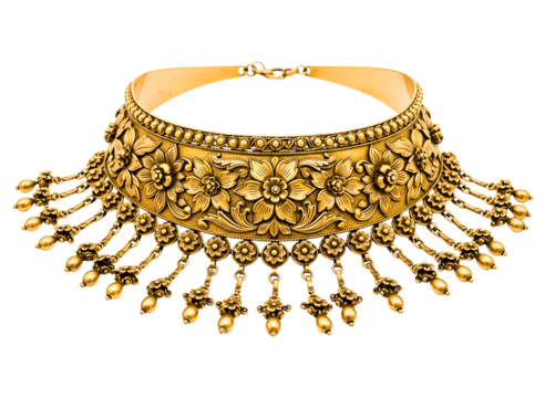 Ornate indian gold choker necklace with dangling embellishments isolated on transparent background - Powered by Adobe
