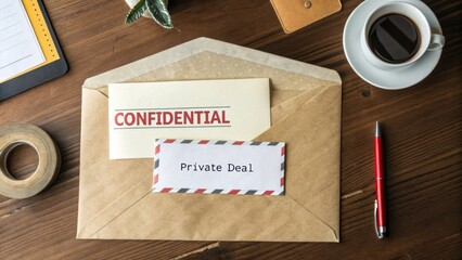 Sealed Envelope on Wooden Table with Confidential Document and Coffee Cup Symbolizing Private Deal and Business Communication