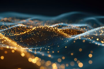 Abstract digital illustration of flowing, undulating lines and glowing golden particles
