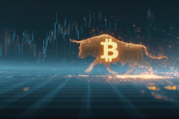 Digital artwork depicts a glowing bull with a Bitcoin symbol charging forward against charts