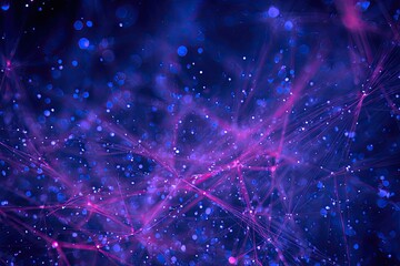 Abstract, glowing, interconnected network in shades of purple and blue, with bokeh effect
