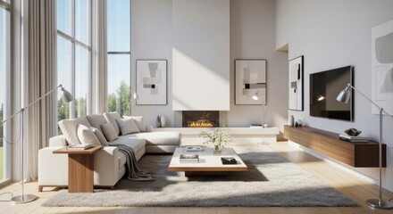 Fototapeta premium Modern interior design featuring a large white sofa, a sleek wooden coffee table, and a minimalist fireplace, bathed in natural light from a large window and complemented by contemporary artwork...