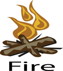 Fototapeta premium Stylized illustration of campfire with flame and the word 