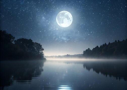 Serene full moon shines over misty lake and starry night sky