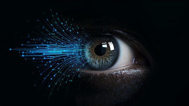 Cybernetic Vision: A close-up showcases a human eye with an intricate network of data streams emanating outwards, reflecting the fusion of technology and the human form.