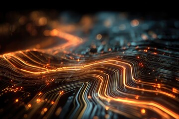 Abstract, glowing lines representing electronic pathways, with bokeh effects on a dark surface