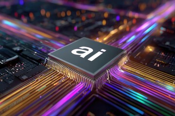 Vivid, close-up of a computer chip labeled "ai," surrounded by colorful, flowing pathways