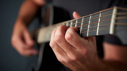 Close-up of a musician's hands playing guitar with focus on strings and fretboard showcasing musical performance artistry sound quality and skill in a vibrant stage setting
