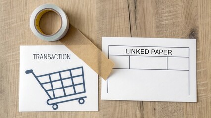 Shopping Cart and Linked Paper with Tape on Wooden Surface for Transaction Concept
