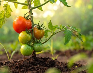 Tomatoes growing in soil