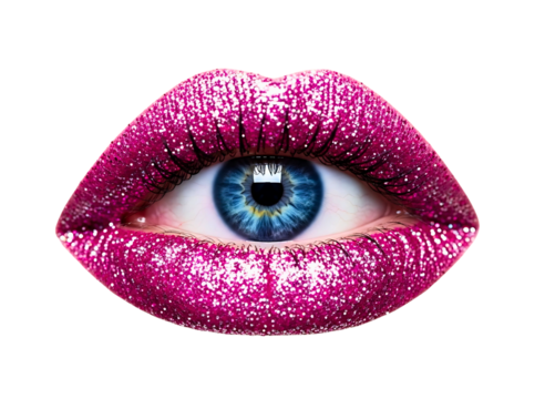Close up of a human eye with glittery lips isolated on transparent background