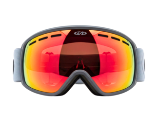 Black ski goggles with reflective red and orange lenses isolated on transparent background
