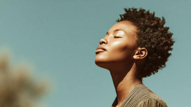 Serene young black woman with eyes closed feeling warm sun on her face. moment of calm peace, mindfulness, and deep breathing in nature